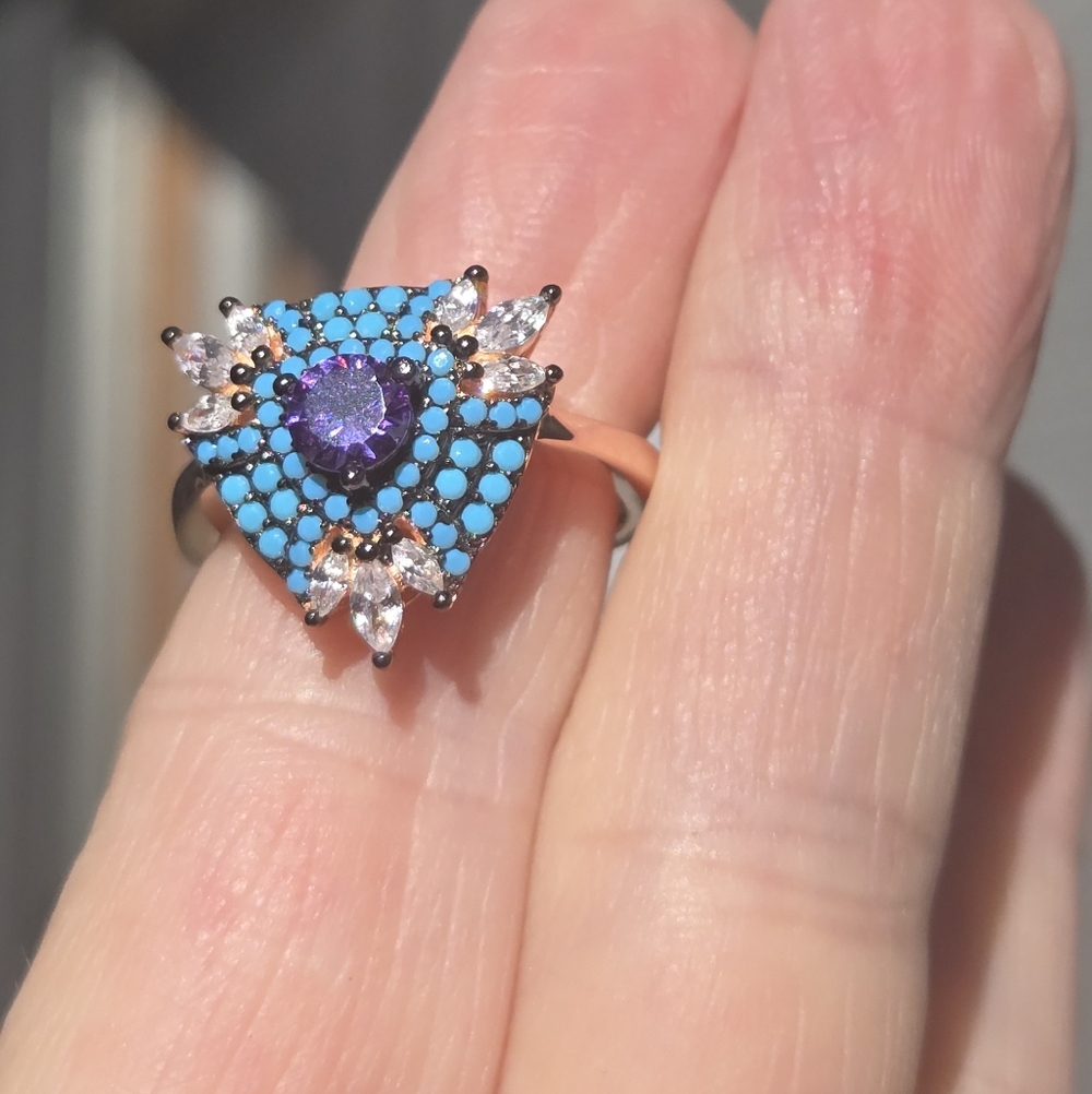 Amethyst Turquise & topaz Sterling & Rosegold Ring Sz8 - Picture 5 of 12